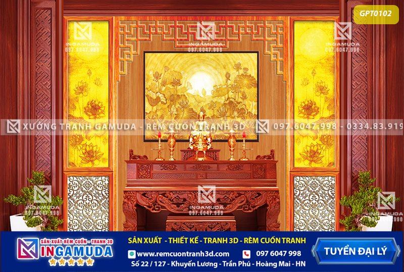 Tranh phòng thờ thiết kế thẩm mỹ kết hợp với hoa sen trúc chỉ tạo không gian phòng thờ linh thiêng ấm cúng