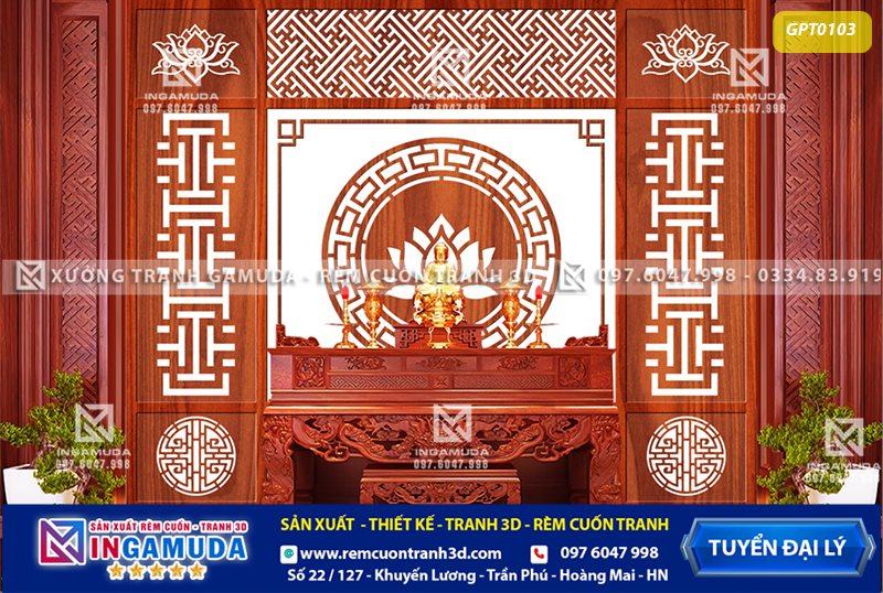 Tranh phòng thờ hoa sen họa tiết CNC in giả gỗ 5D trên vải lụa