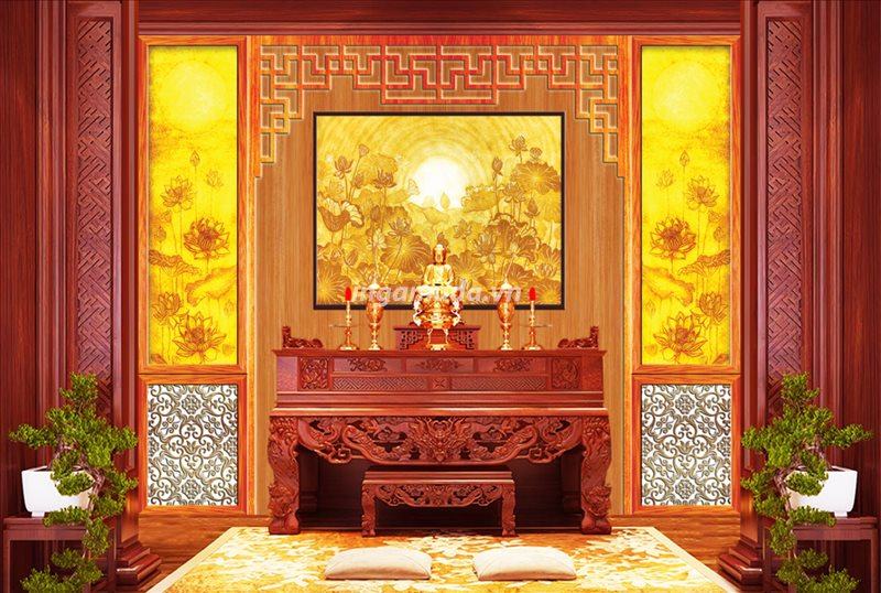 Tranh phòng thờ in giả gỗ 3D hình chữ Thọ có hoa sen in trúc chỉ sang trọng tại xưởng in gamuda thiết kế và sản xuất 2023-2024 tuyển đại lý toàn quốc phân phối