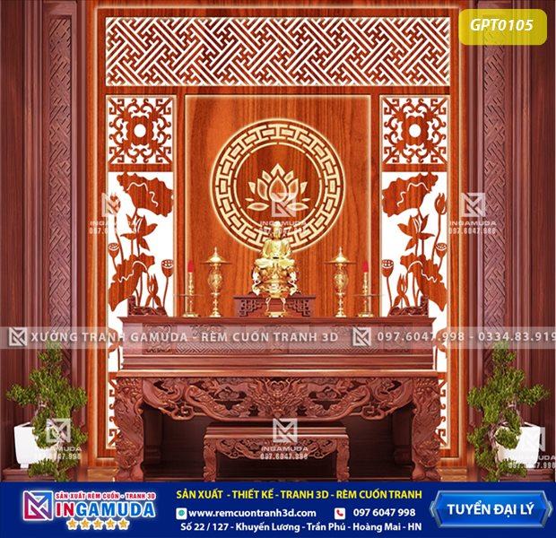 Tranh phòng thờ thiết kế in ấn 3D tạo ra không gian như là gỗ thật công nghệ in UV hiện đại tiên tiến nhất