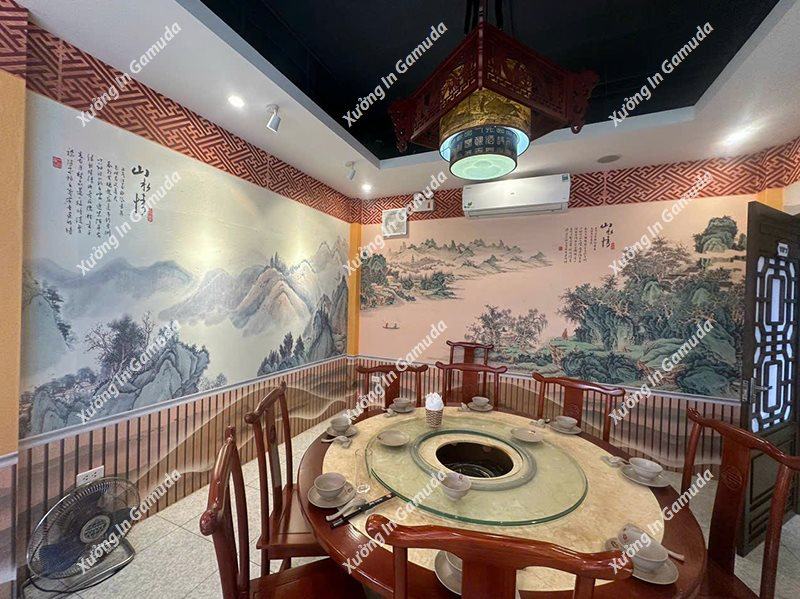 Tranh thủy mặc dán tường cho quán ăn, quán lẩu nướng phong cách Trung Hoa - Xưởng In Gamuda MS998235