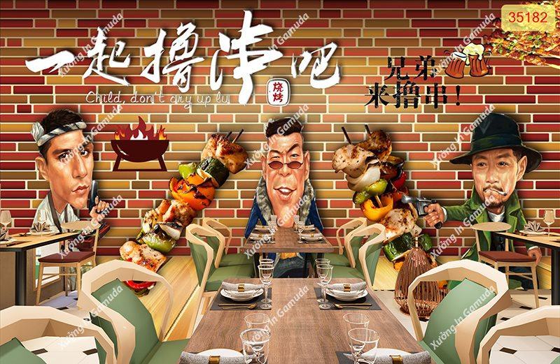 Tranh thủy mặc dán tường cho quán ăn, quán lẩu nướng phong cách Trung Hoa - Xưởng In Gamuda MS9982311
