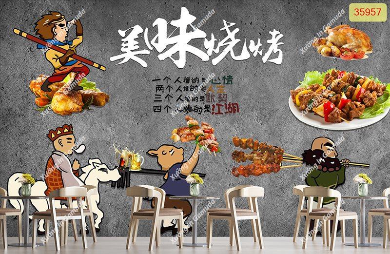 Tranh thủy mặc dán tường cho quán ăn, quán lẩu nướng phong cách Trung Hoa - Xưởng In Gamuda MS998231