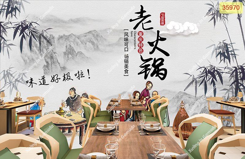 Tranh thủy mặc dán tường cho quán ăn, quán lẩu nướng phong cách Trung Hoa - Xưởng In Gamuda MS9982
