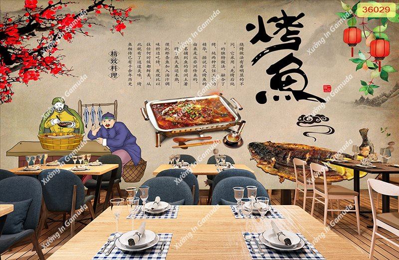 Tranh thủy mặc dán tường cho quán ăn, quán lẩu nướng phong cách Trung Hoa - Xưởng In Gamuda MS121554