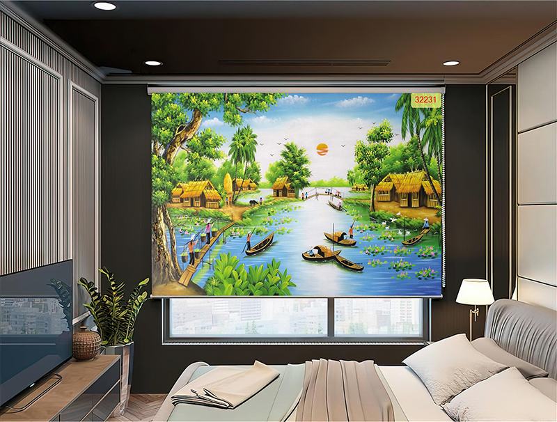 Rèm cuốn tranh đồng quê cây đa giếng nước sân đình