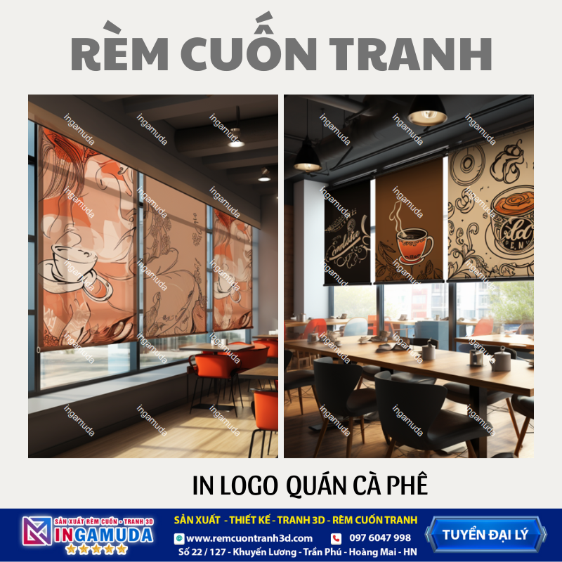 Rèm cuốn tranh in logo quán cà phê giá rẻ nhất