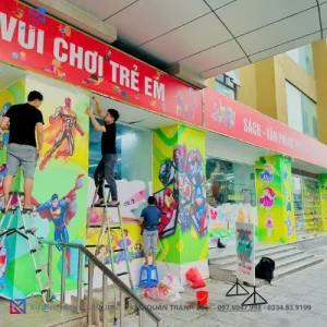 Hình ảnh thực tế đội thi công rèm cuốn và tranh 3D tại khu vui chơi cho bé