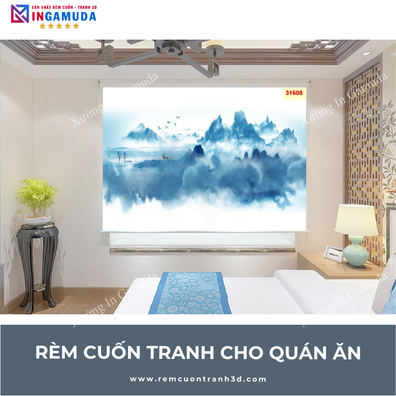 Rèm Cuốn Cho Quán Ăn Phong Cách Trung Quốc Rèm Cuốn Tranh Thủy Mặc – Rèm Cuốn Không Khoan Tại Xưởng In Gamuda Mẫu Mới Nhất 2024