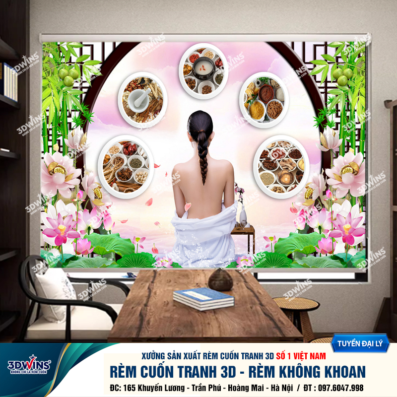 Tổng Hợp +45 Mẫu Rèm Cuốn Không Khoan In Tranh 3D Cho Quán Spa Đông Y Dưỡng Sinh Giá Rẻ Tại Xưởng Rèm 3DWins