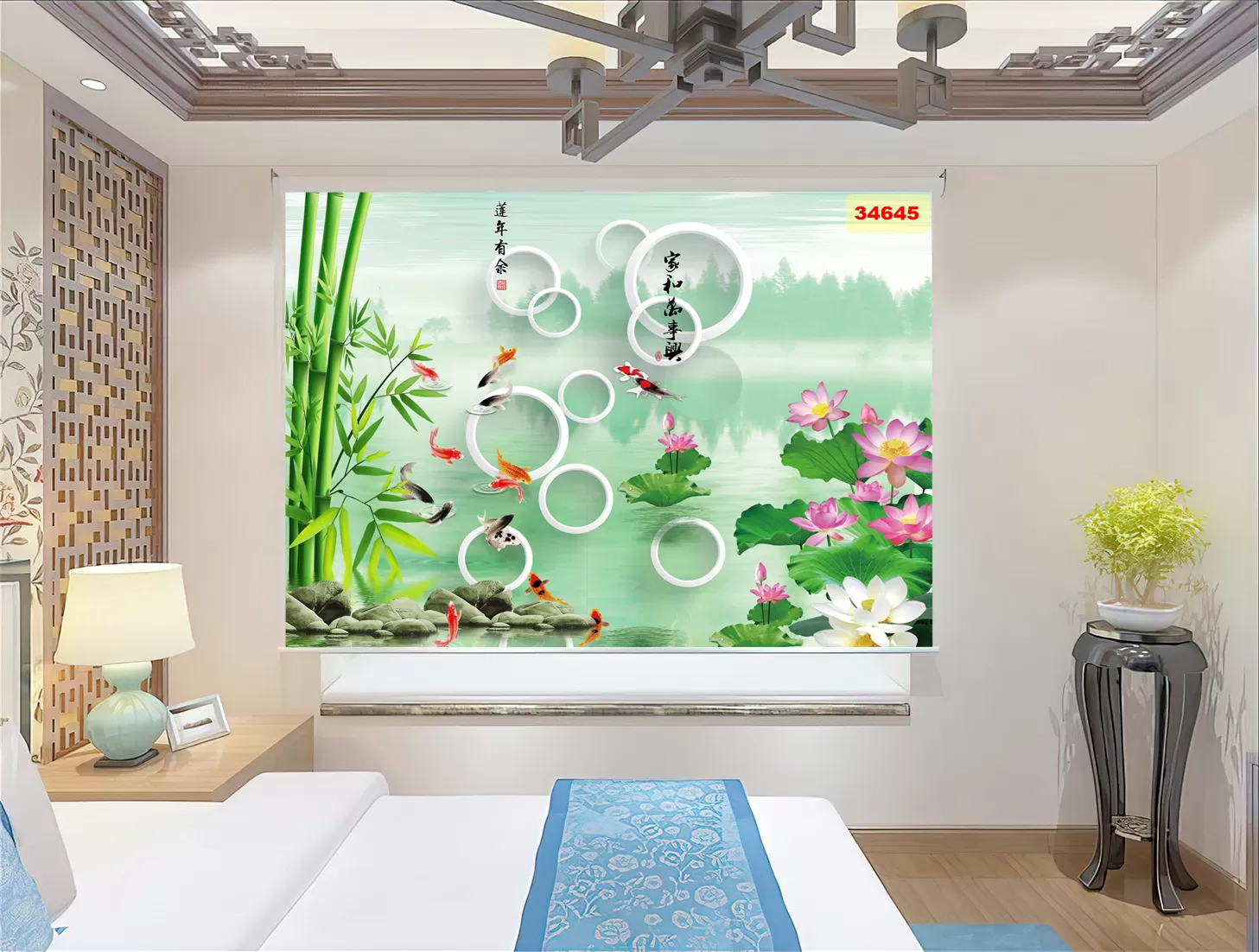 Rèm cuốn tranh in hình hoa sen và cá vàng tạo sự sang trọng cho không gian sống
