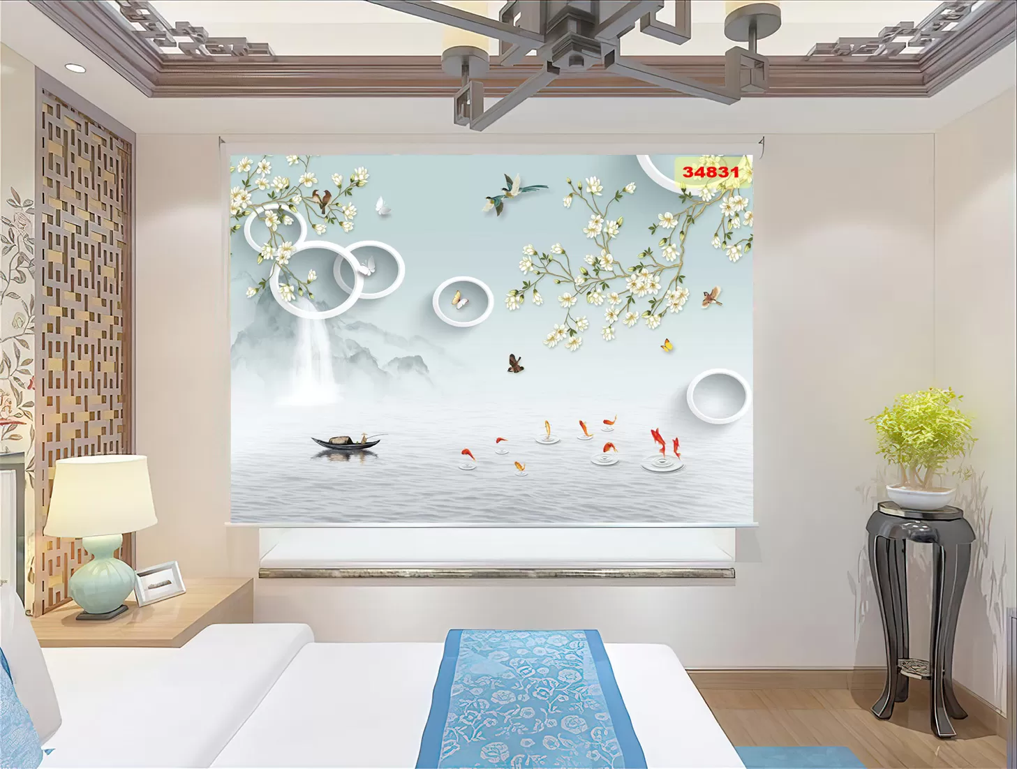 Rèm cuốn tranh giả ngọc  cửa ngư quần hội - Giá rẻ tại xưởng