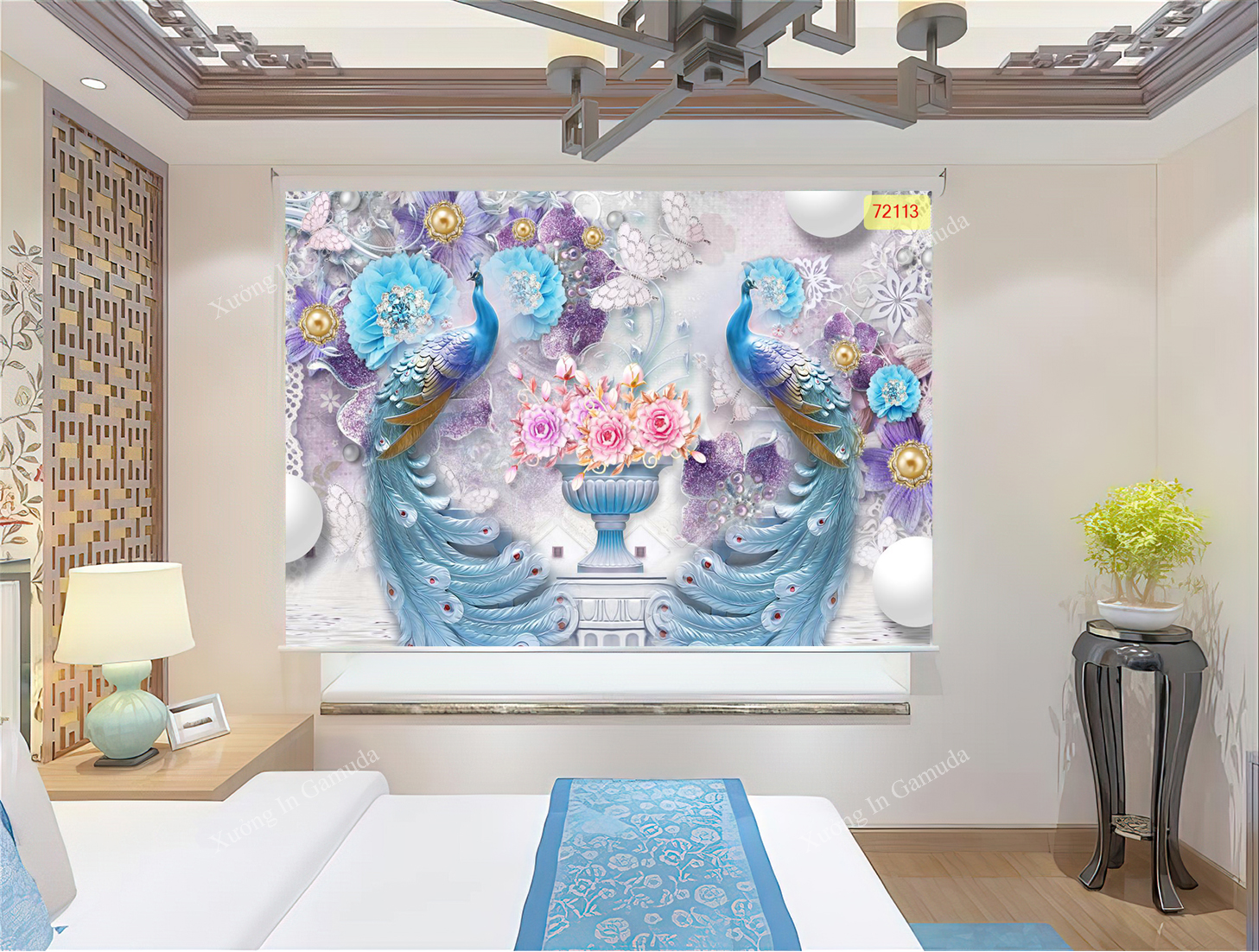 Rèm Cuốn Tranh 3D In Hình Công Khổng Tước Xanh Đậm