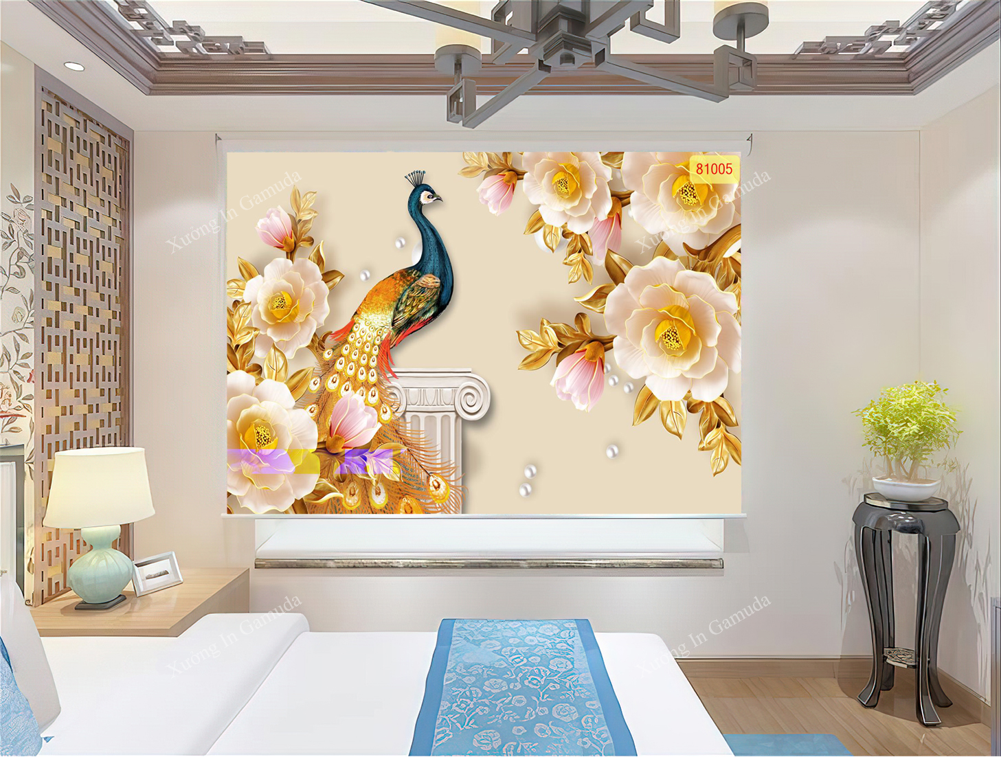 Rèm cuốn in UV hình ảnh chim công bên cành hoa hồng đẹp 