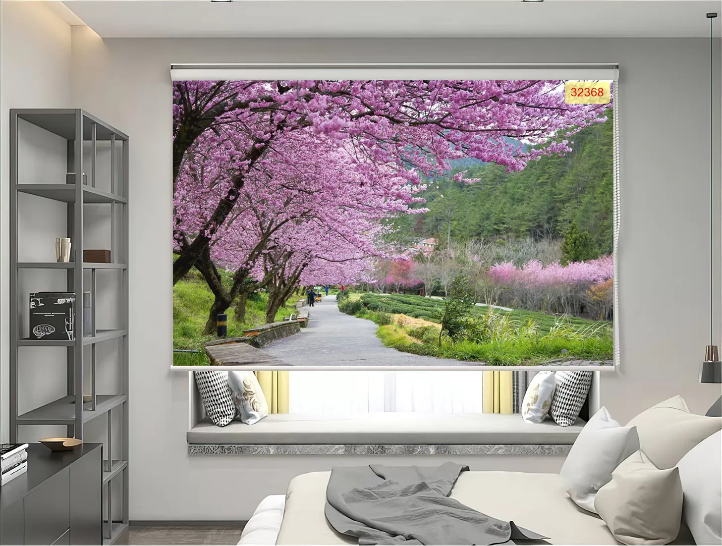 Rèm cuốn in tranh con đường hoa màu tím tạo cảm giác sâu rộng cho căn phòng