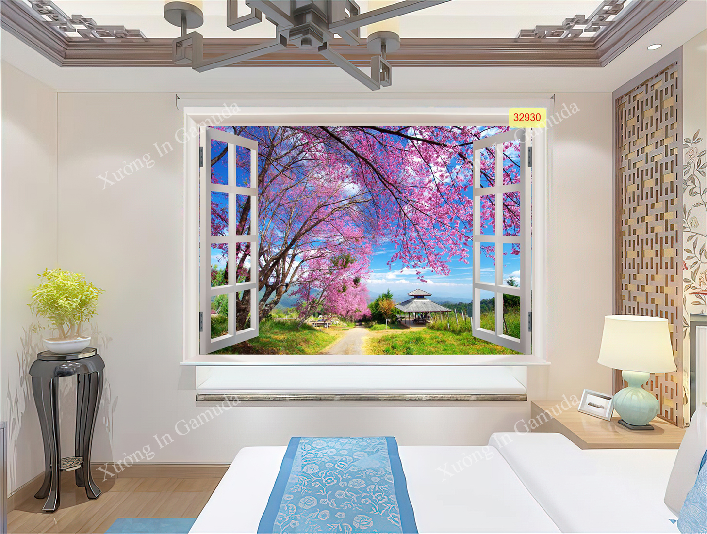 Rèm cuốn in tranh cửa sổ và hoa anh đào tạo cảm giác thoáng mát cho căn phòng