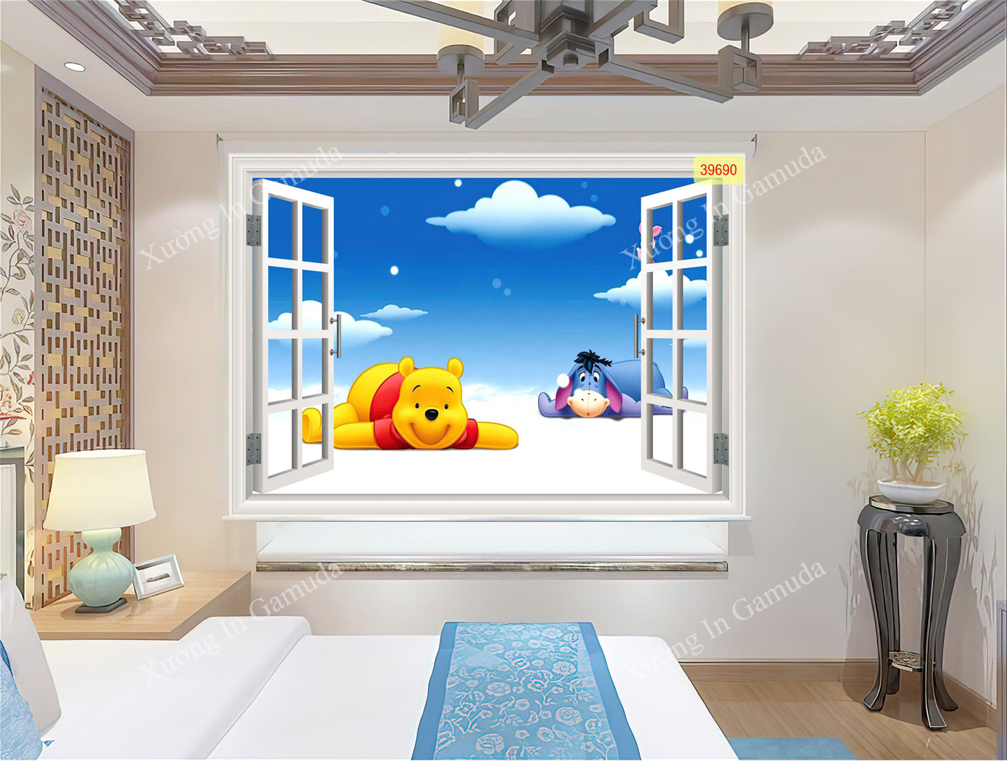 Rèm cuốn in tranh cửa sổ gấu Pooh trang trí phòng ngủ cho bé