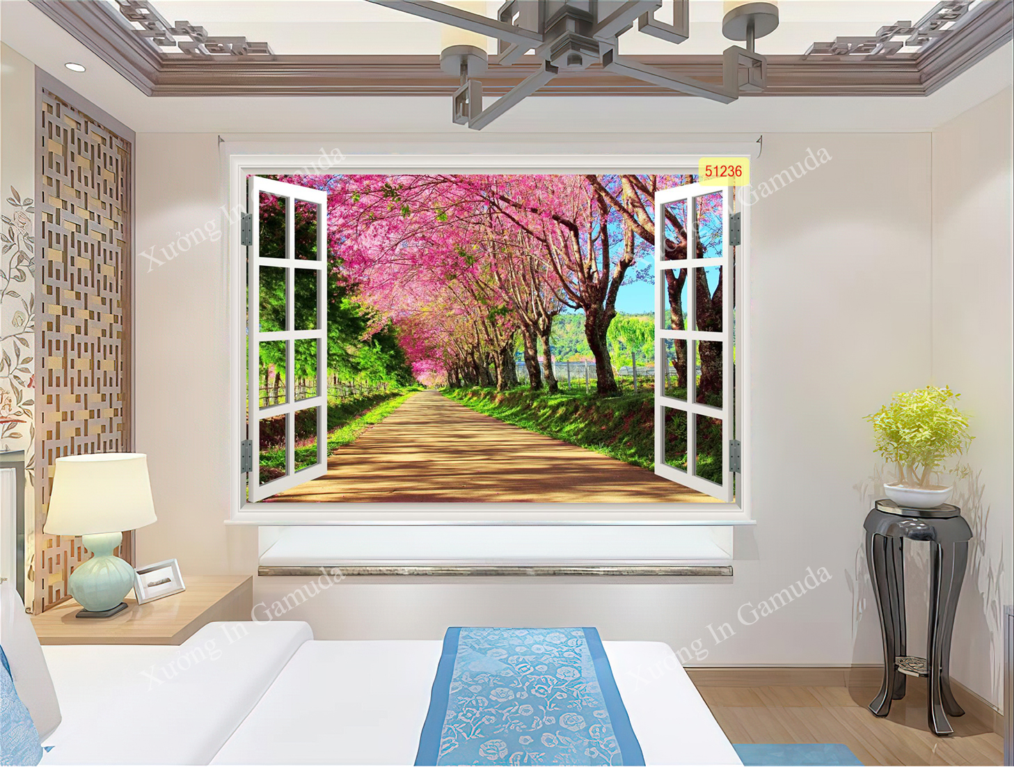 Rèm Cuốn Tranh 3D In Cửa Sổ Hoa Anh Đào Tượng Trưng Cho Sức Sống