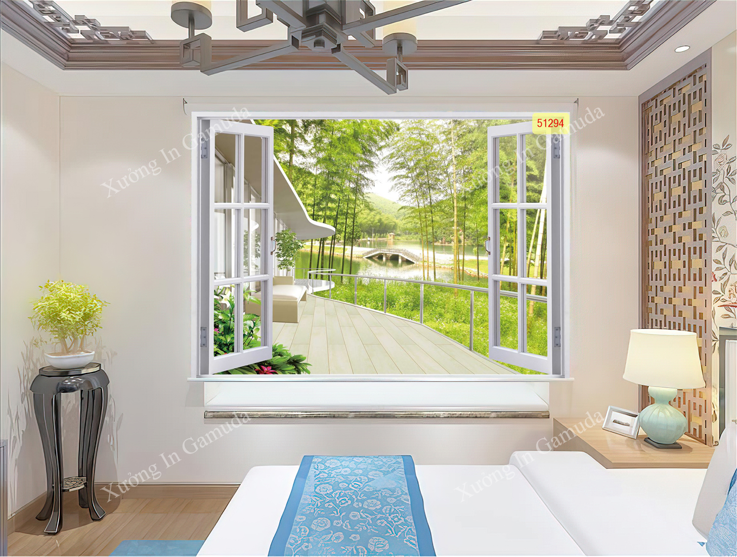 Rèm cuốn in tranh phong cảnh thiên nhiên ngoài cửa sổ tạo cảm giác trong lành cho căn phòng