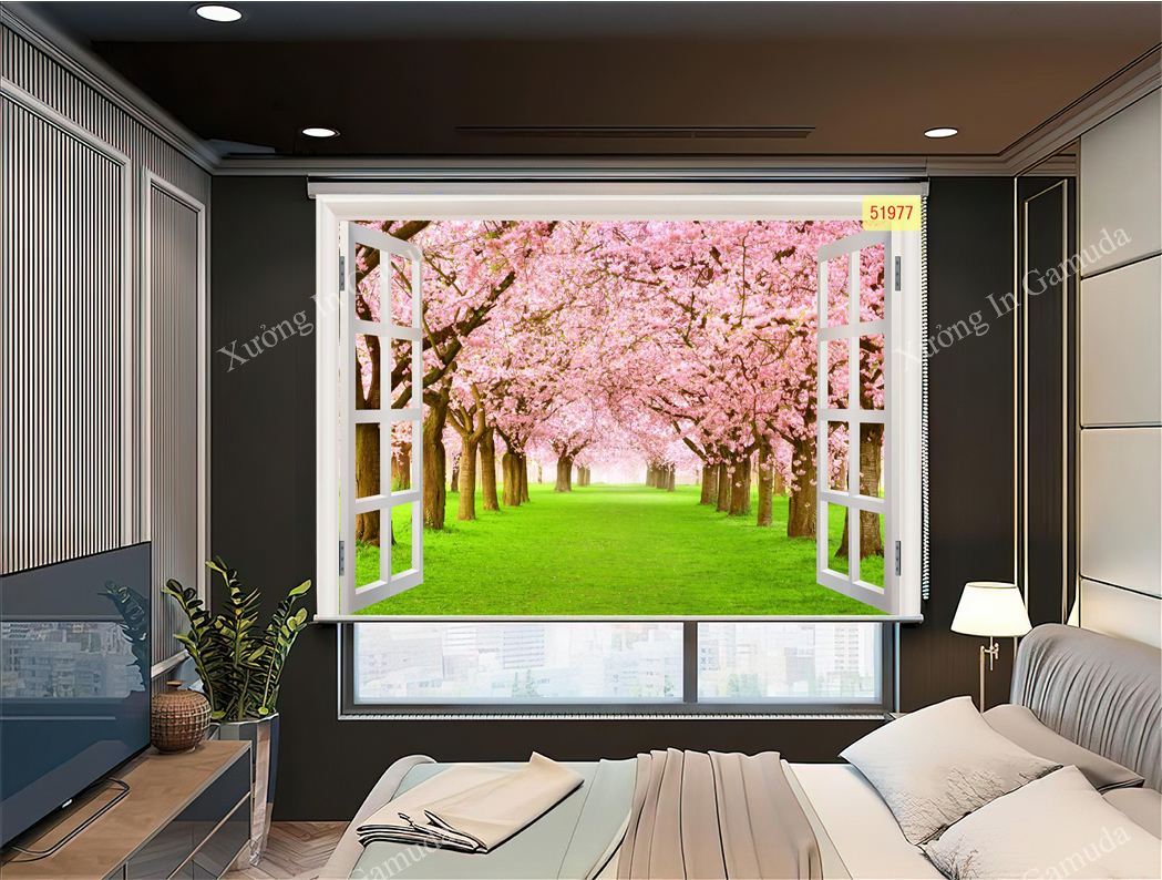 Rèm cuốn in tranh rừng cây anh đào ngoài cửa sổ mẫu rèm cuốn bán chạy nhất tại xưởng in Gamuda