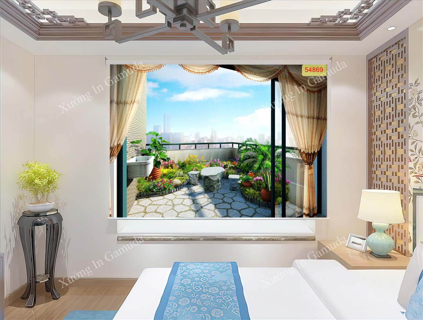 Rèm cuốn in tranh cửa sổ phong cảnh thiên nhiên đẹp tại xưởng in Gamuda