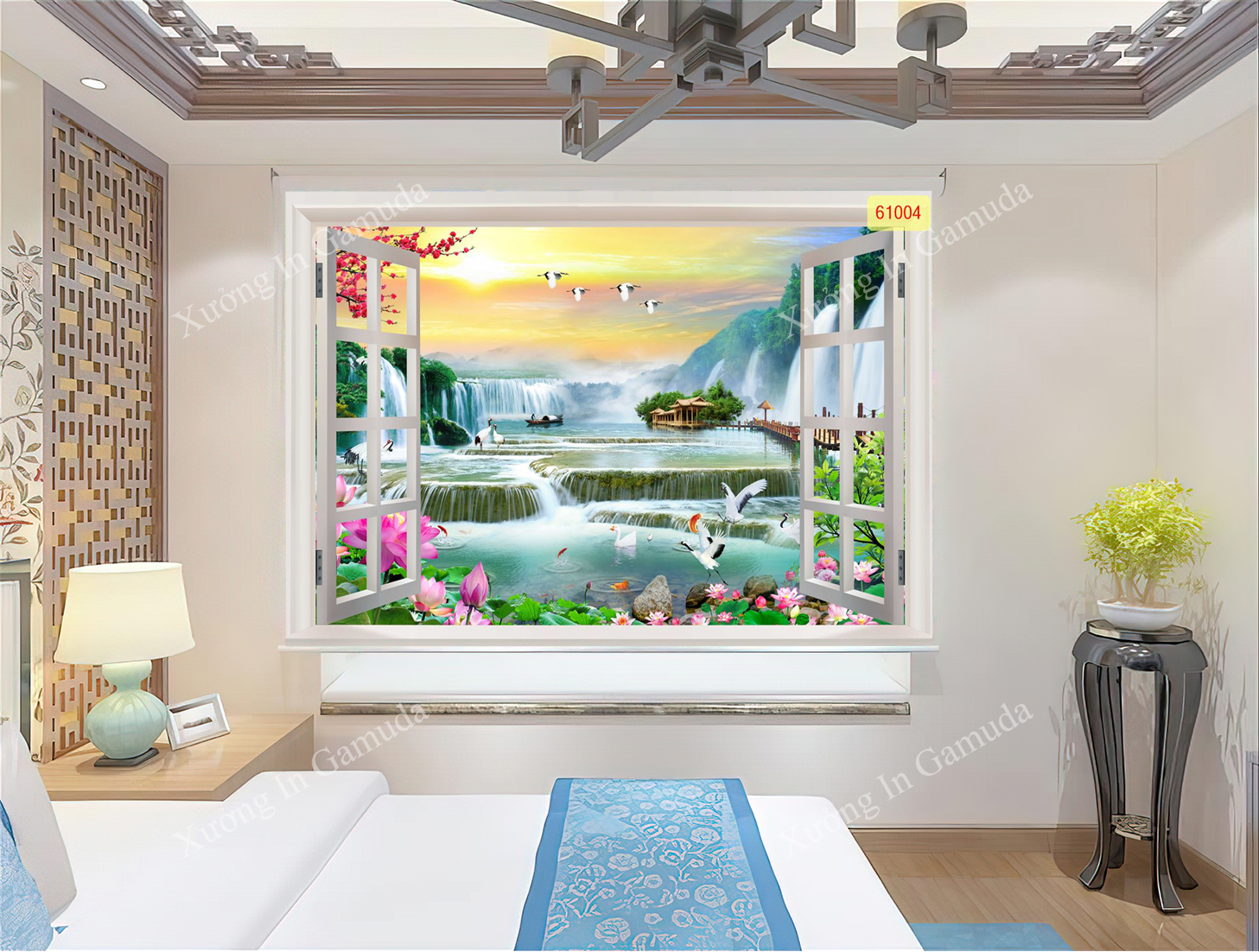 Rèm Cuốn Tranh 3D In Cửa Sổ Cảnh Sơn Thủy Hữu Tình Mang Ý Nghĩa Thuận Buồm Xuôi Gió