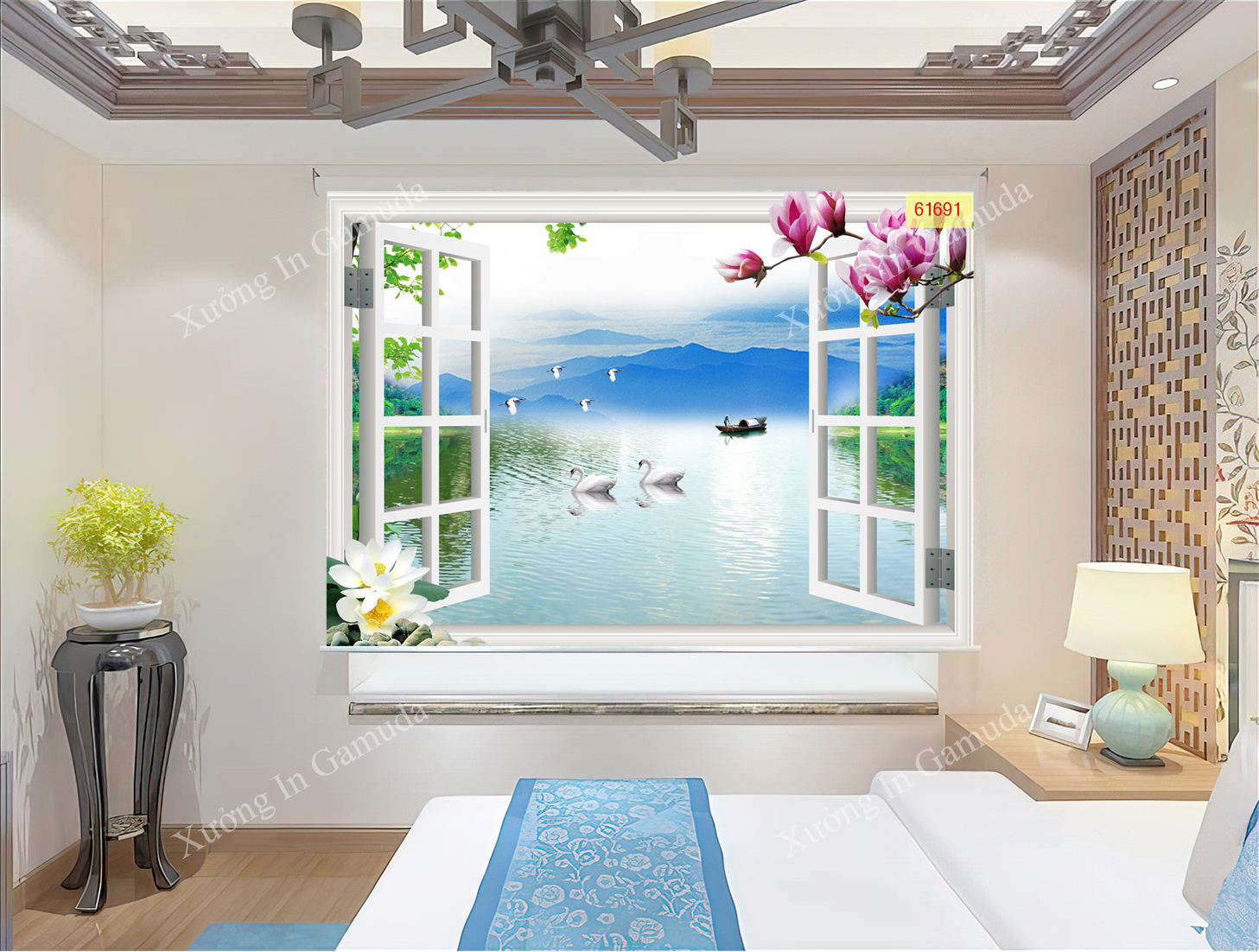 Rèm cuốn in tranh sông nước ngoài cửa sổ tạo cảm giác thoáng mát cho căn phòng