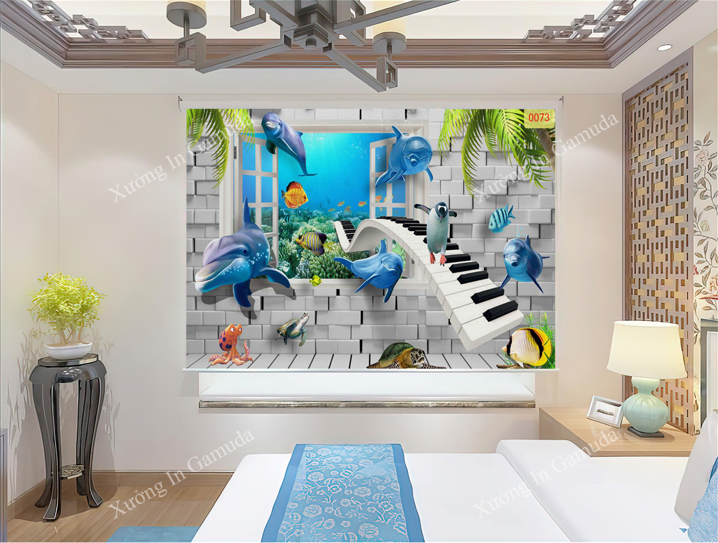 Rèm Cuốn Tranh In 3D Hình Cá Heo Chim Cánh Cụt Rùa Bạch Tuộc Đẹp Tạo Không Gian Tươi Mát Cho Phòng Ngủ