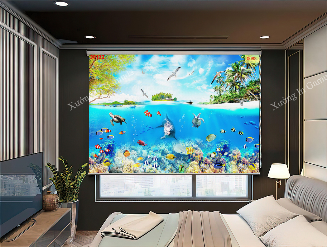 Rèm Cuốn Tranh 3D In Các Loài Cá Trên Gam Màu Xanh Của Biển