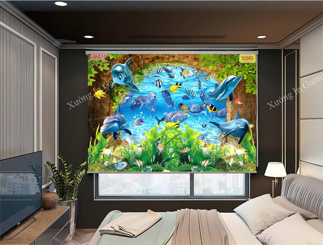 Rèm Cuốn Tranh 3D In Hình Đáy Đại Dương Với Những Chú Heo , Cá Voi