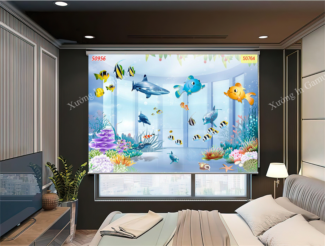 Rèm cuốn in tranh thế giới dưới nước đa dạng các loại cá