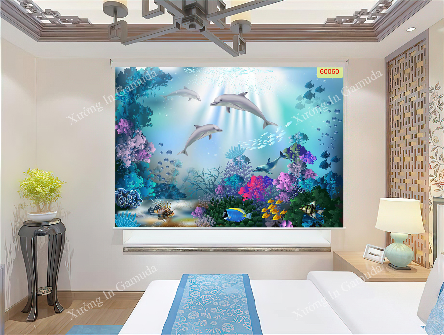 Rèm cuốn in tranh cá heo bơi lội dưới đáy đại dương