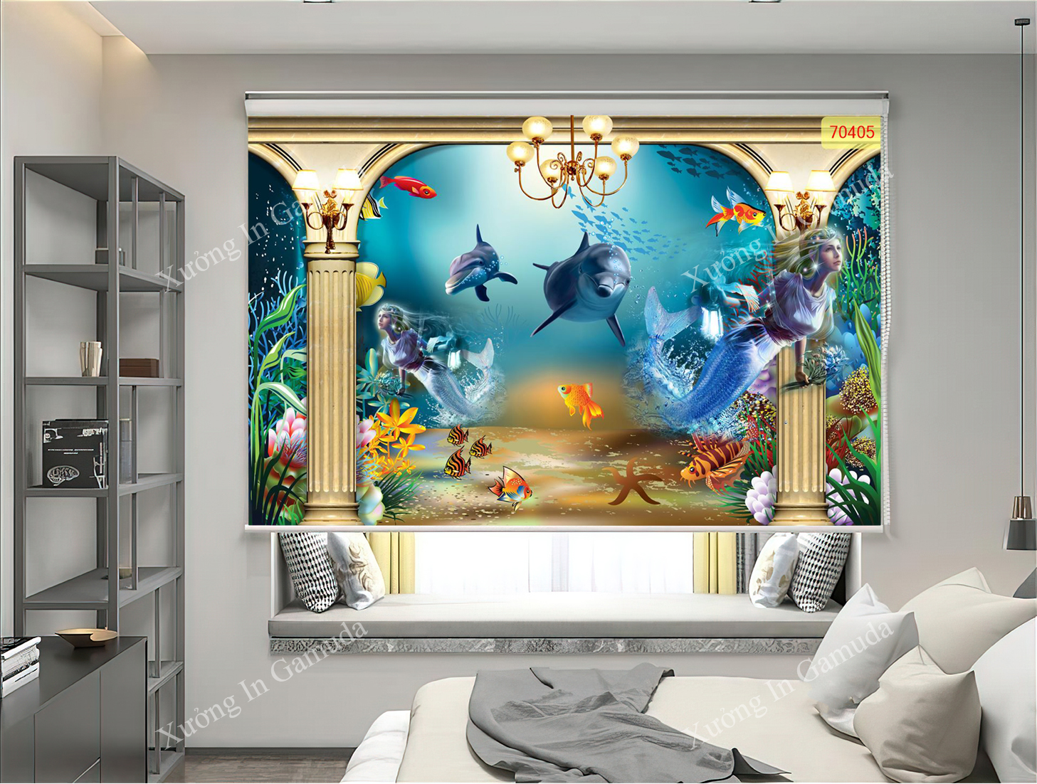 Rèm Cuốn Tranh 3D In Hinh Đáy Đại Dương Với Những Chú Cá Đang Bơi Lội Trong Nước