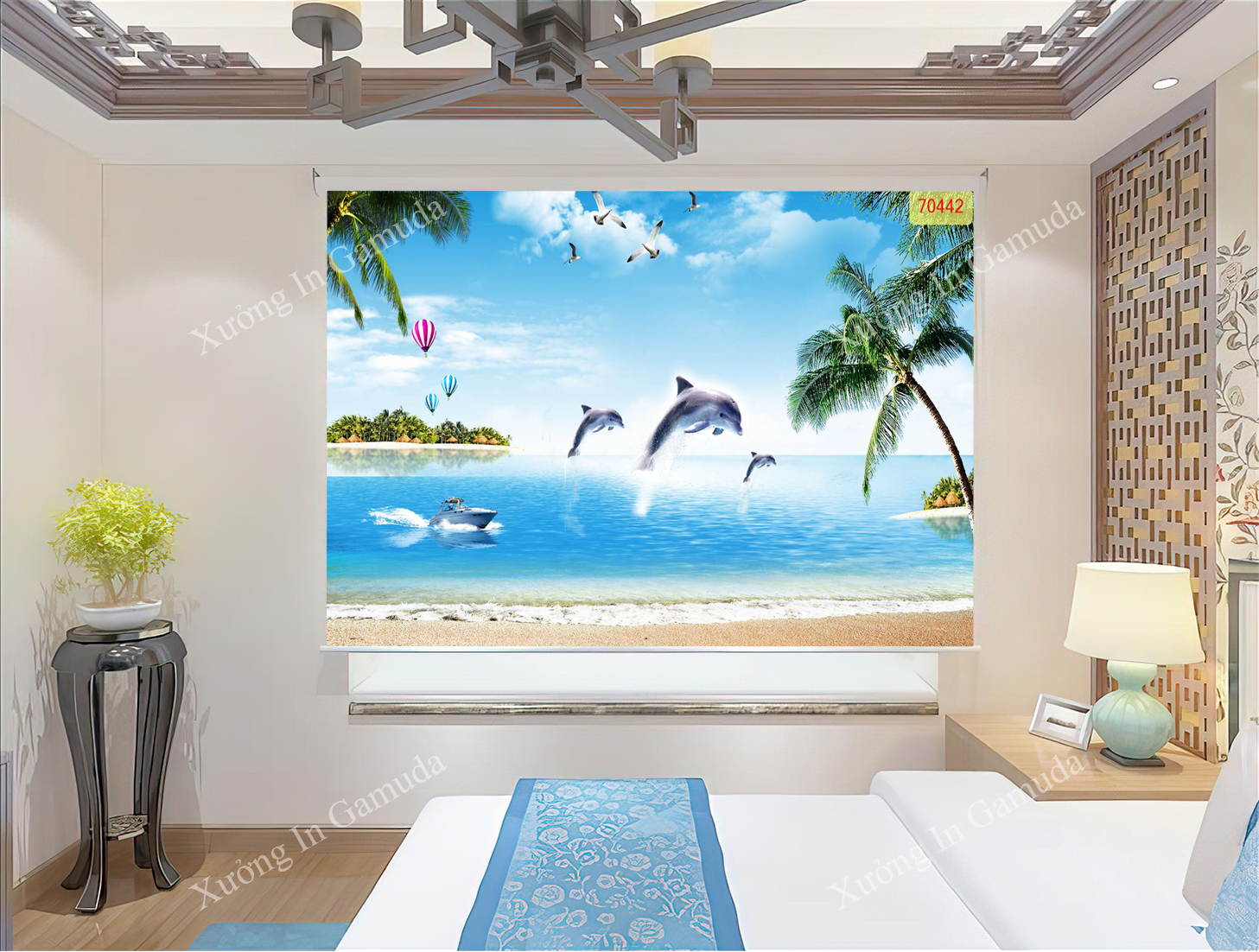 Rèm cuốn tranh in những chú cá heo đang nhảy múa trên mặt biển