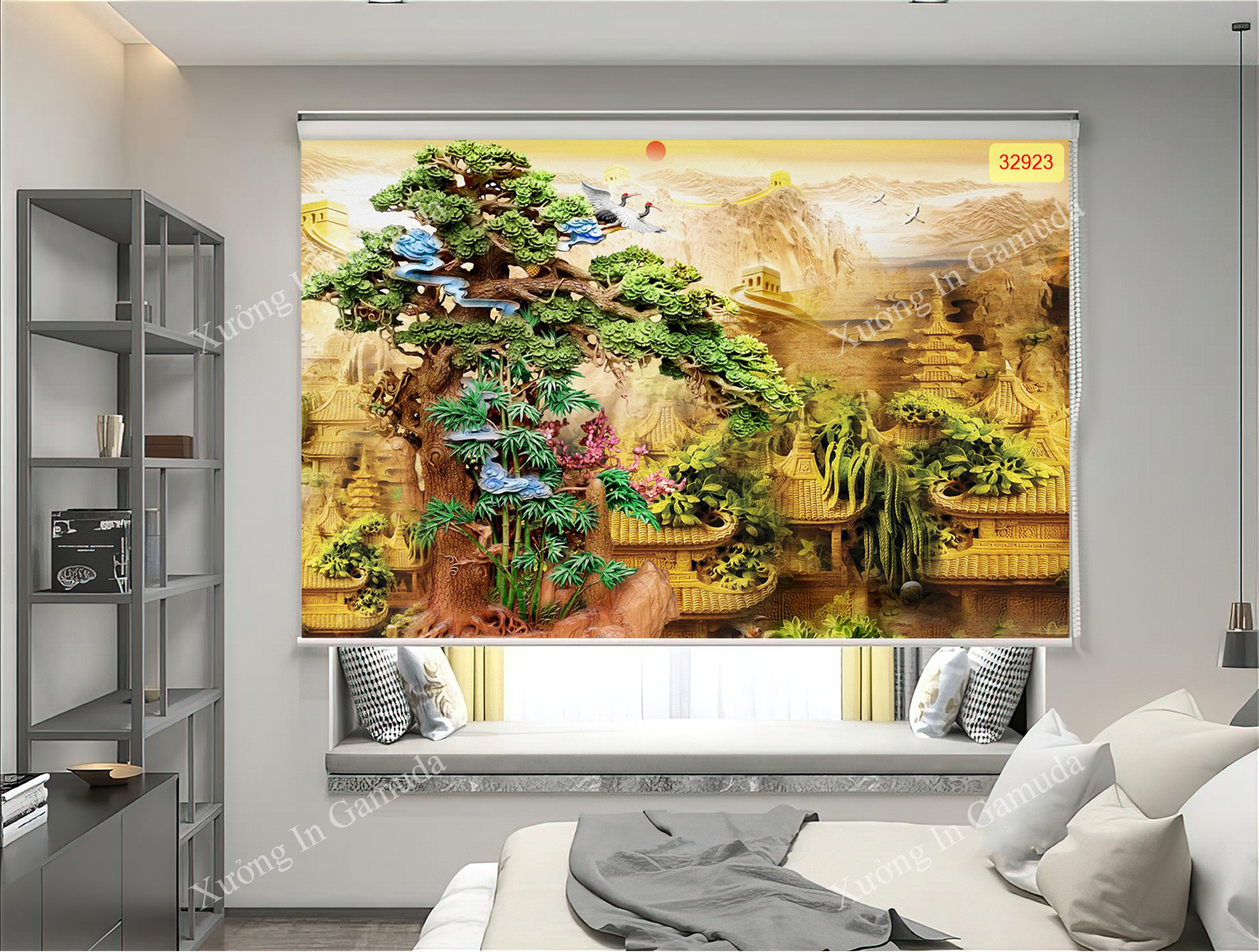 Rèm Cuốn Tranh 3D in Điêu Khắc Cây Tùng Biểu Tượng Cho Sức Khỏe, Sự Trường Thọ