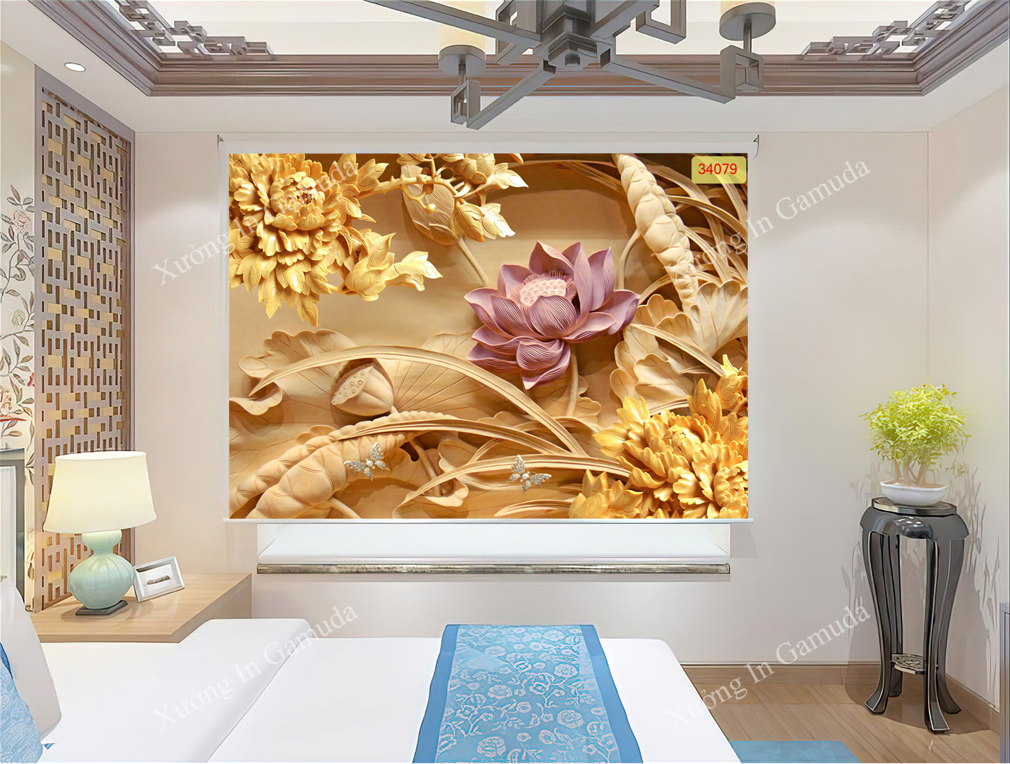 Rèm Cuốn Tranh 3D In Hoa Sen Trên Gam Màu Vàng Thể Hiện Ý Chí Sống Mãnh Liệt