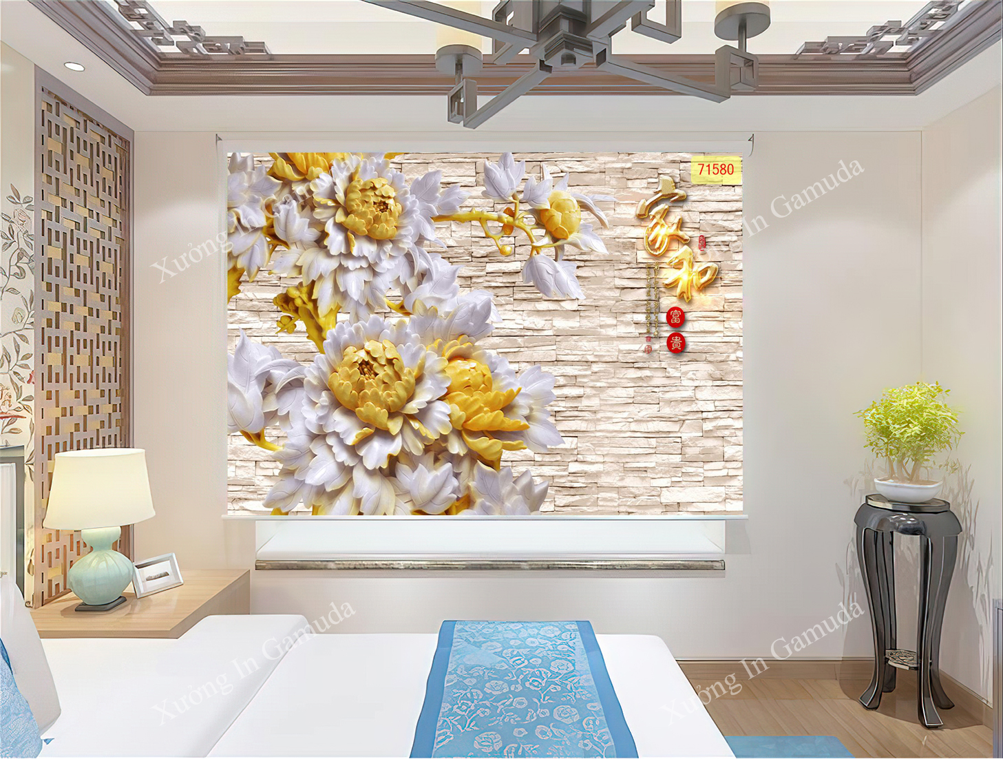 Rèm cuốn điêu khắc hoa 3D tại xưởng in Gamuda 