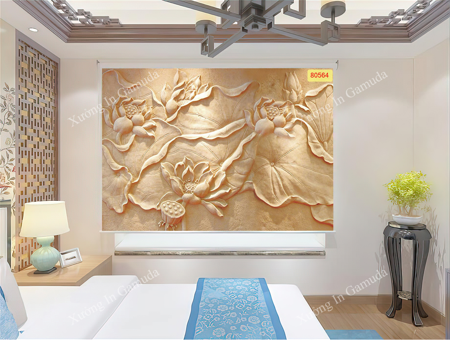 Rèm cuốn tranh hoa sen điêu khắc 3D - Rèm cuốn trang trsi không gian văn phòng