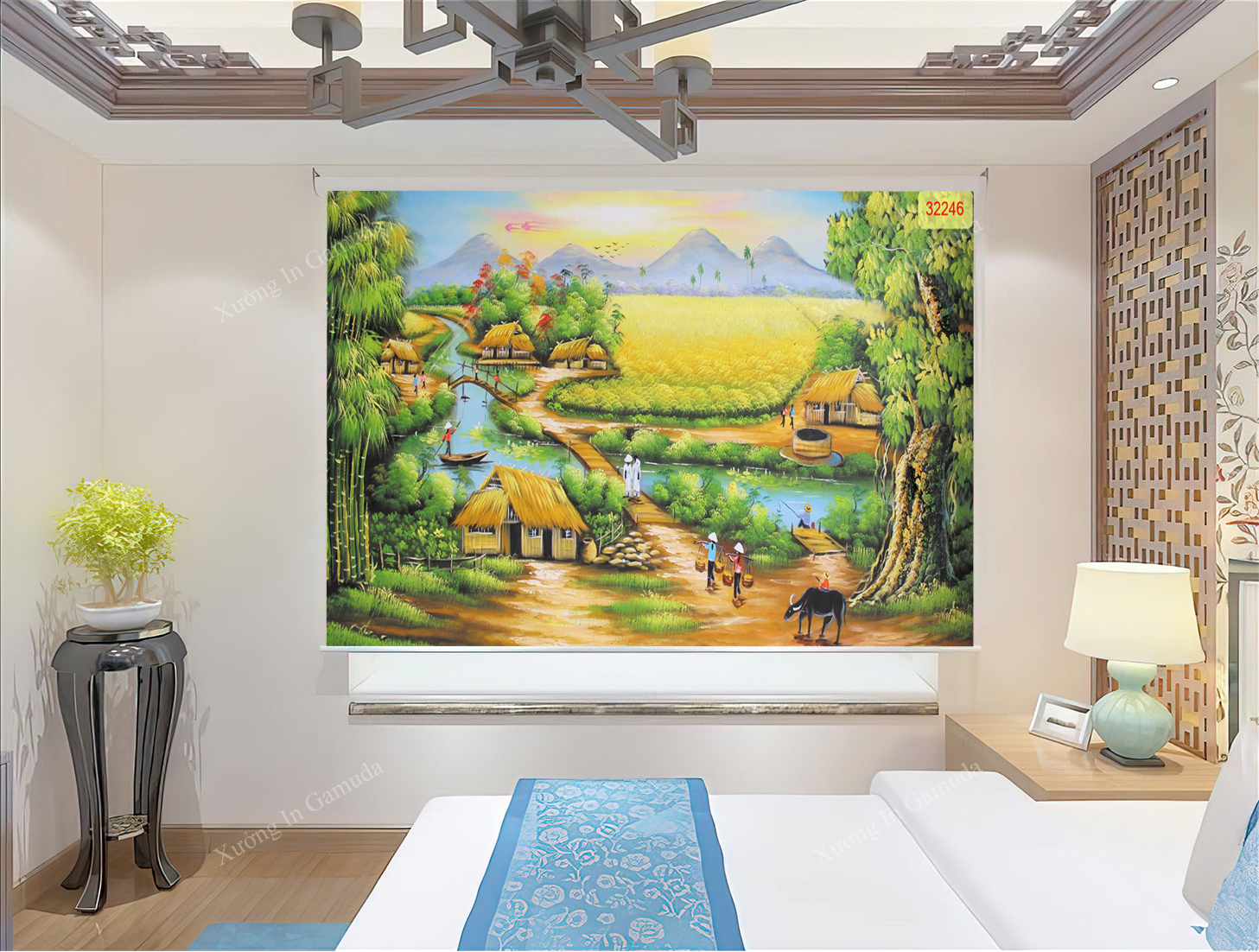 Rèm cuốn in tranh phong cảnh đồng quê tại xưởng in Gamuda