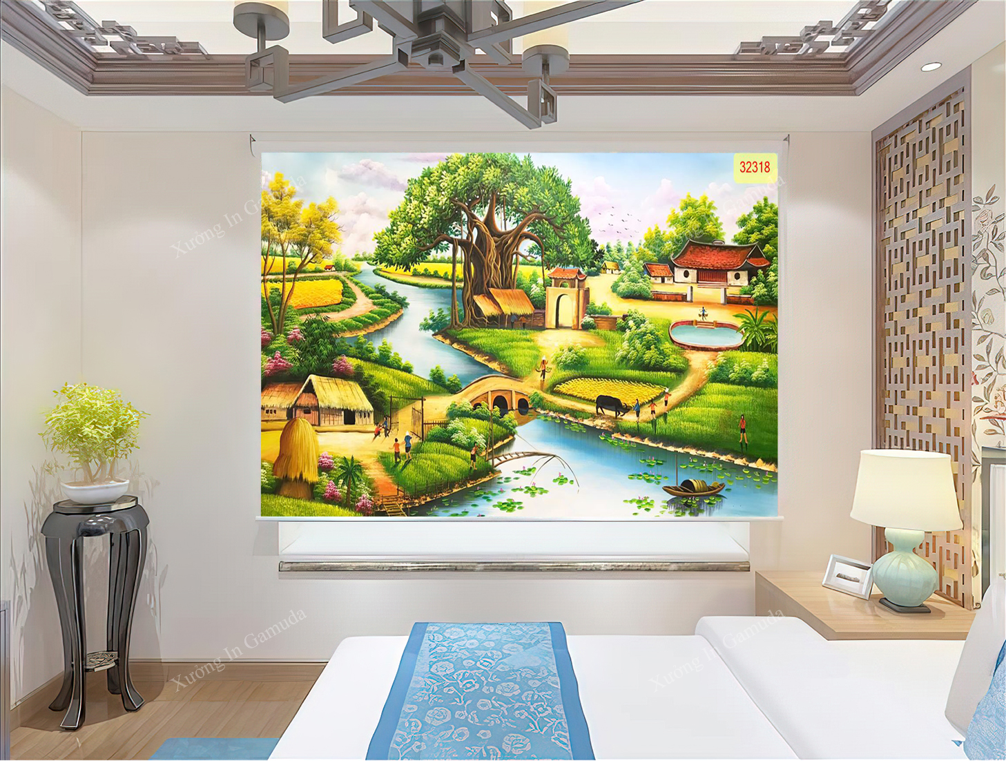 In tranh phong cảnh đồng quê lên vải rèm ý tưởng trang trí không gian độc đáo