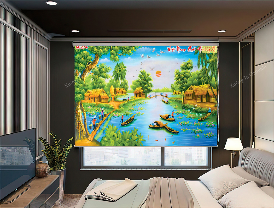 Rèm cuốn in tranh 3D phong cảnh đồng quê giá tại xưởng