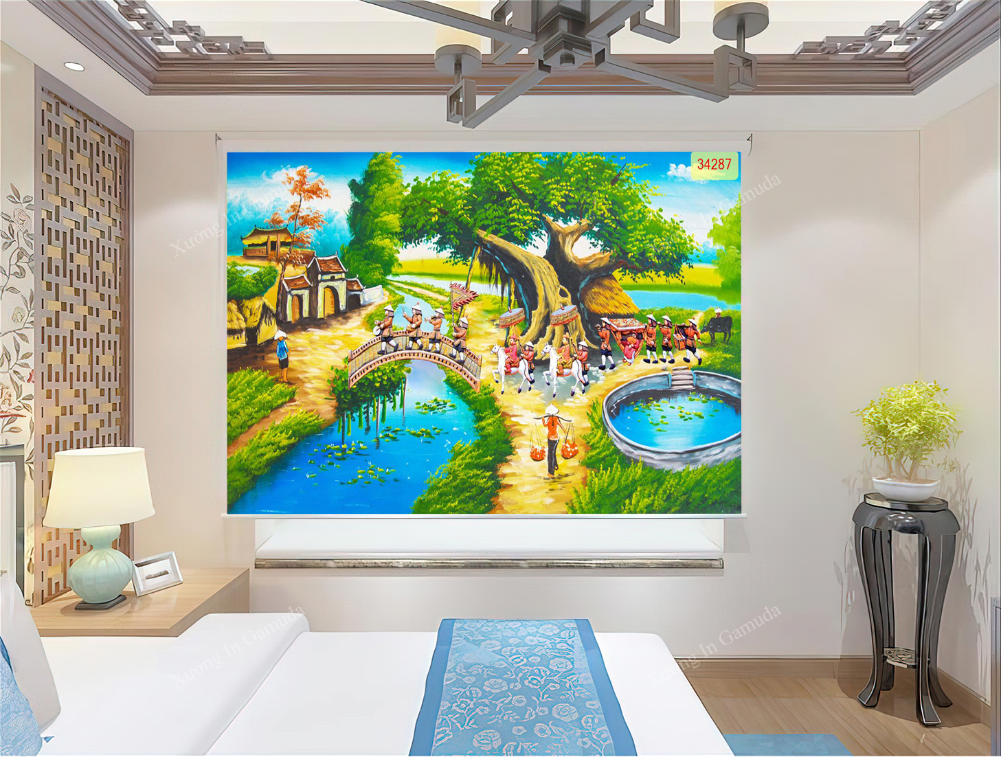 Rèm cuốn in tranh cây đa giếng nước ao đình đẹp và ấn tượng