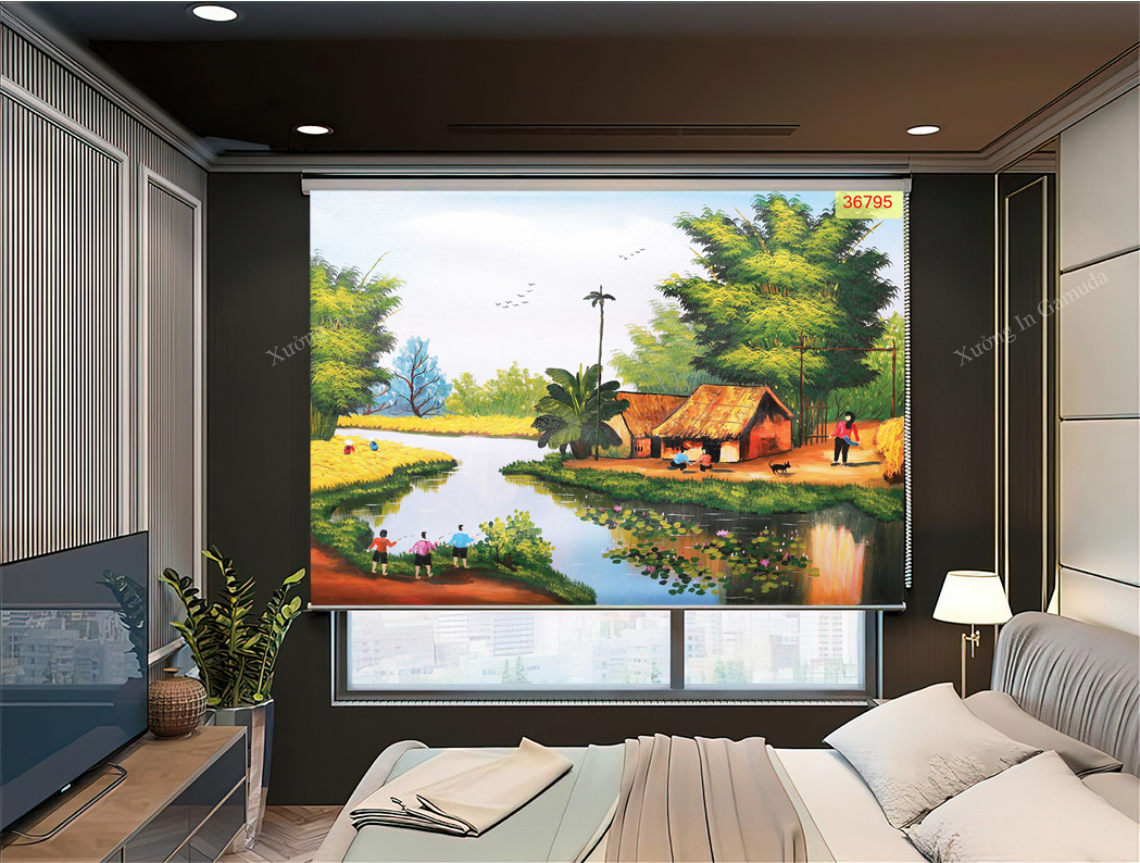 rèm cuốn in tranh phong cảnh làng quên thơ mộng in ấn và sản xuất tại xưởng in Gamuda