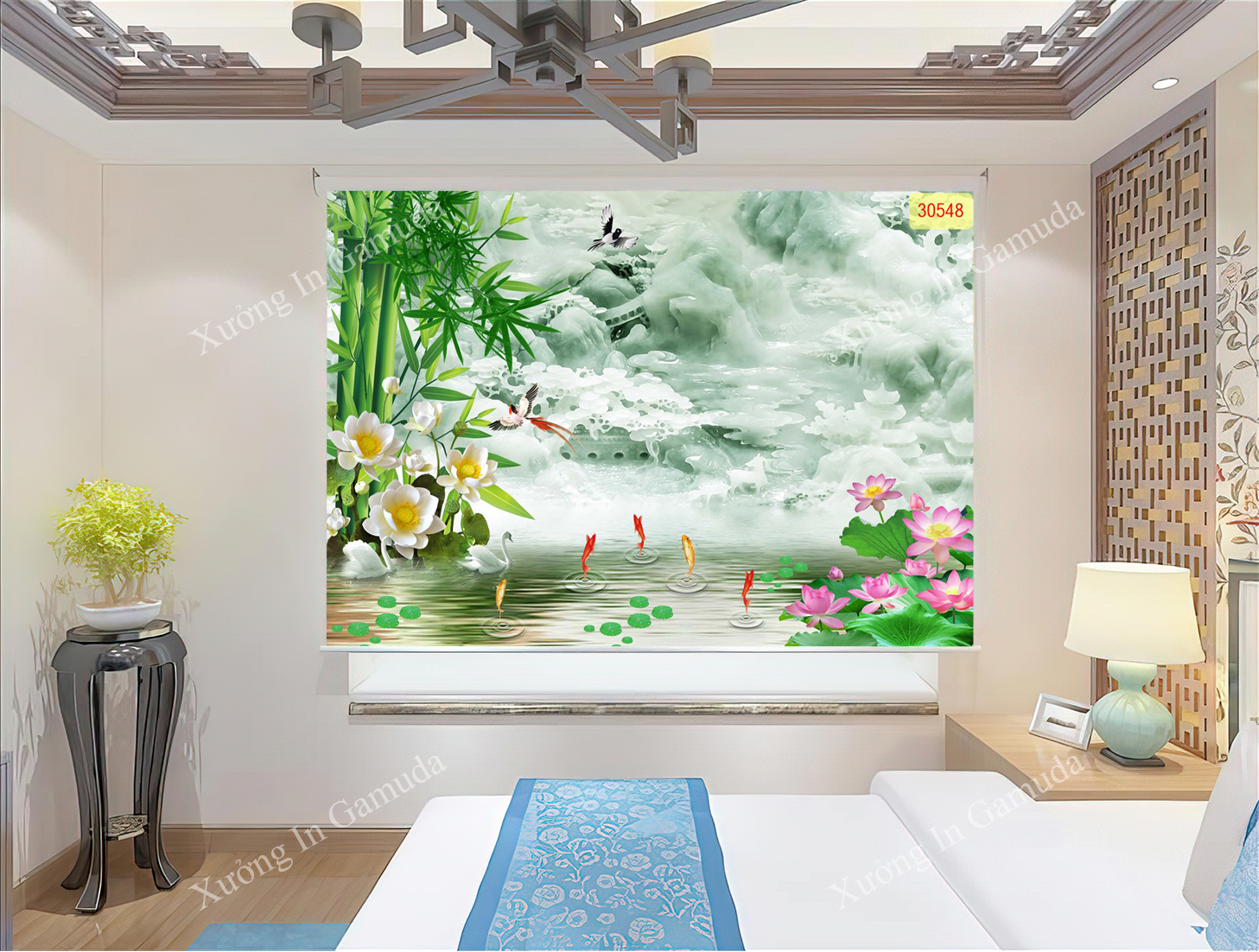 Rèm cuốn tranh cá chép quần hội giả ngọc - Mẫu đẹp nhất tại xưởng in Gamuda