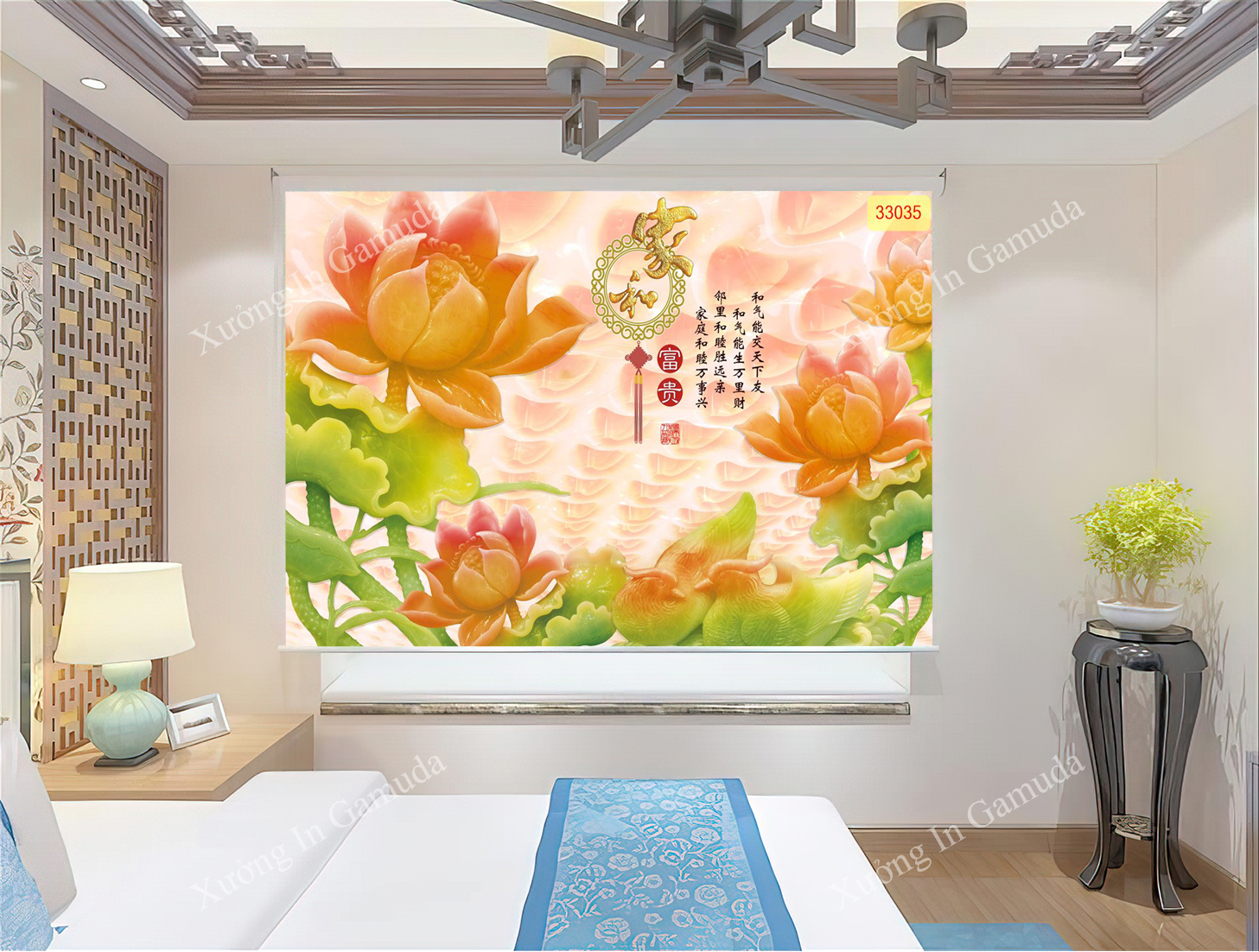 Rèm cuốn tranh in giả ngọc hình hoa sen tạo cảm giác sang trọng cho căn phòng