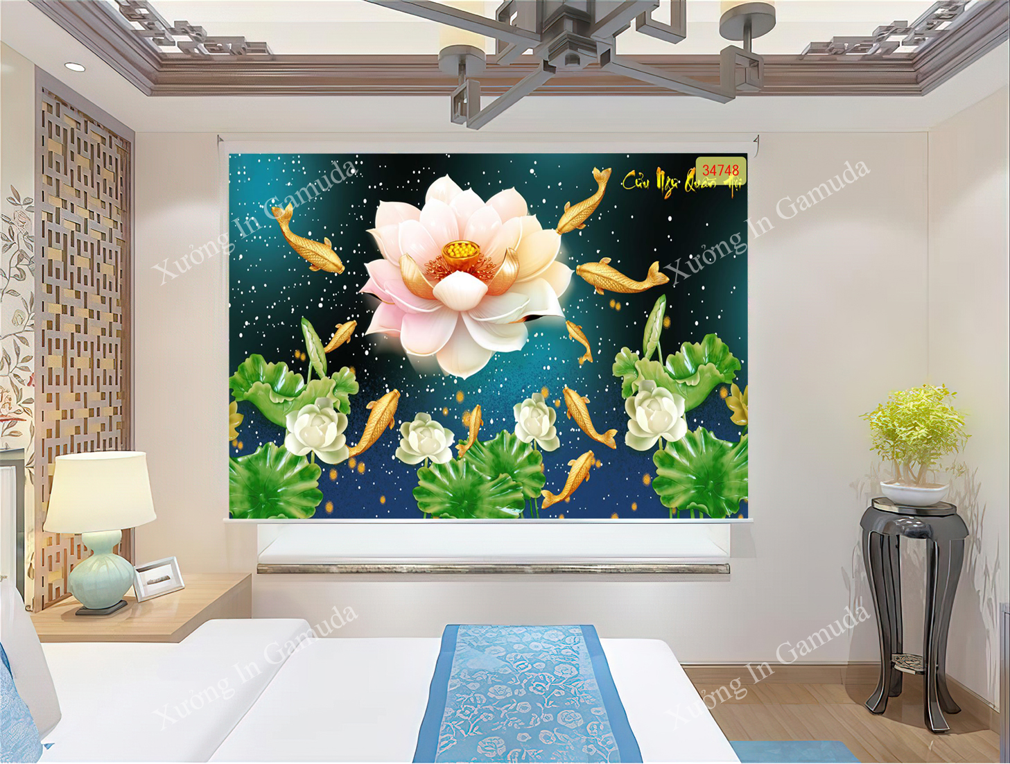 Rèm cuốn in tranh giả ngọc hoa sen và cá chép in ấn và thiết kế theo yêu cầu