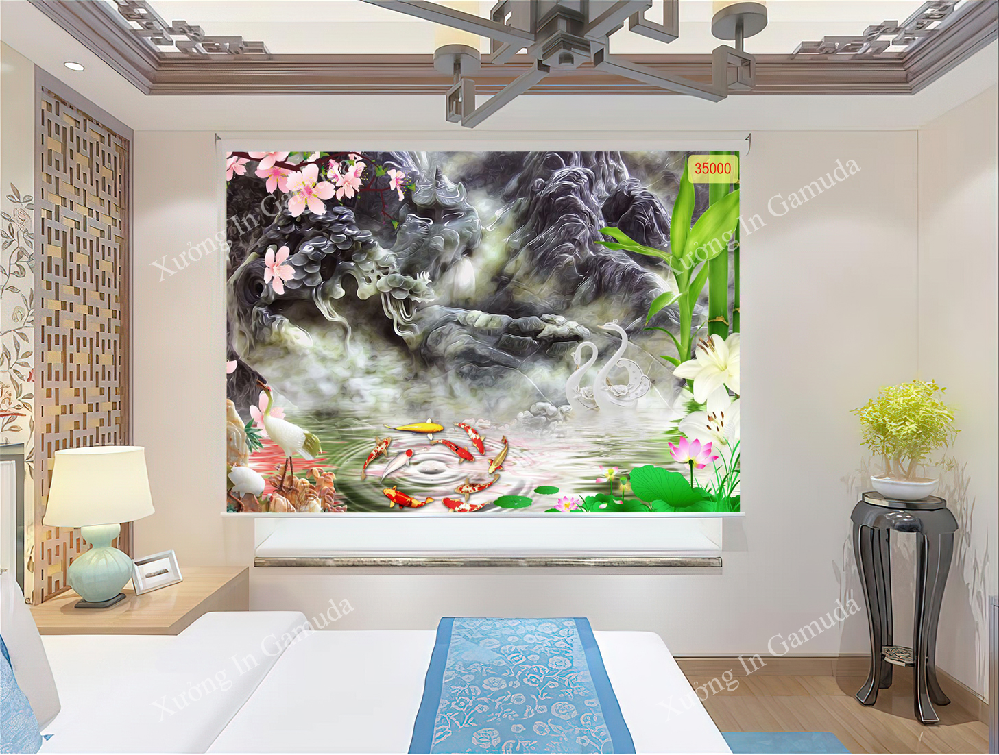 Rèm cuốn tranh cưu ngư quần hội rèm cuốn tranh giả ngọc đẹp và ấn tượng