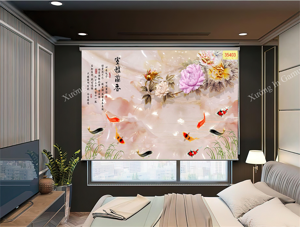Rèm cuốn tranh 3D giả ngọc cửu ngư tụ hội tại xưởng in Gamuda