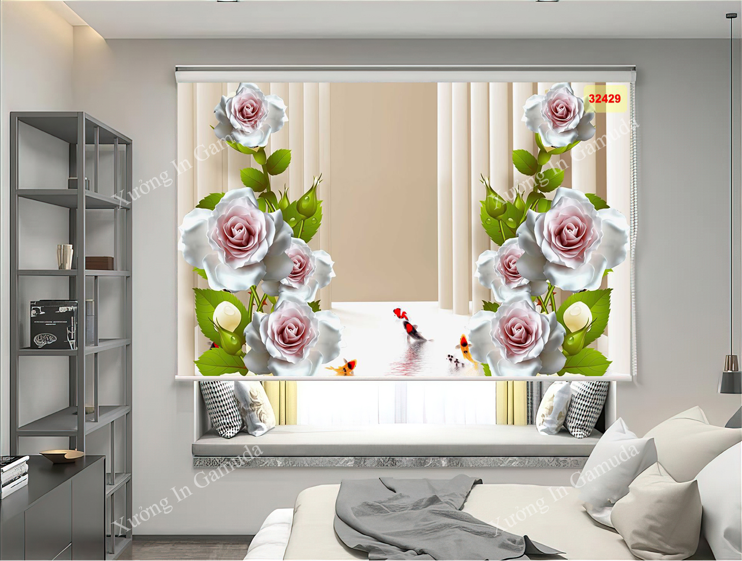Rèm Cuốn Tranh 3D In Hình Bông Hoa Hồng Trắng 3D Tỏa Lên Sự Sang Trọng Nữ Tính