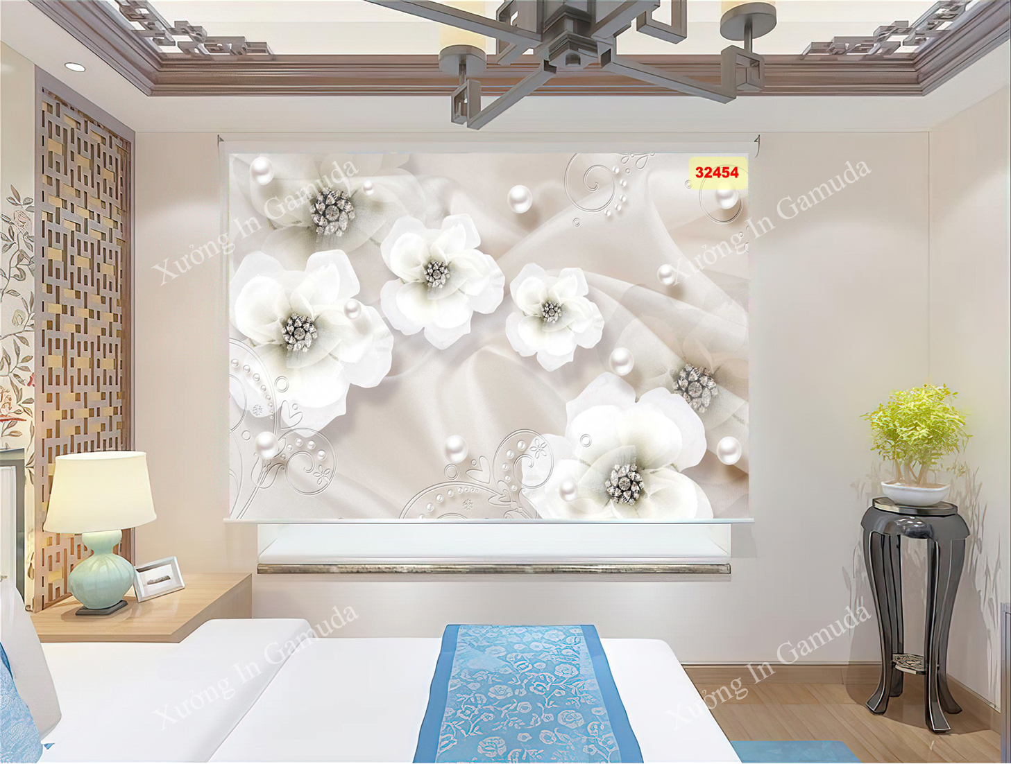 Rèm Cuốn Tranh 3D In Họa Tiết Hoa Lan Trắng Biểu Tượng Cho Sự Vương Gỉa Và Giau Có